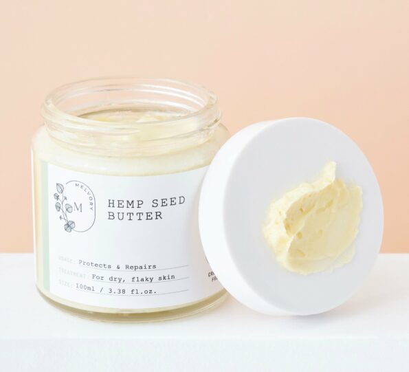 hemp seed butter with lid on side