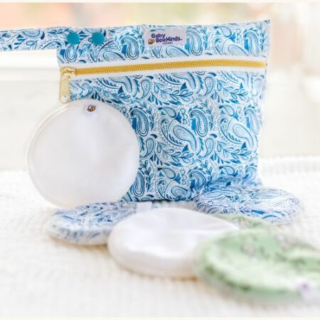 mini white and blue wetbag with white breast pads