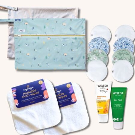 hopsital hero kit with breast pads, wet bags and baby essentials for hospital